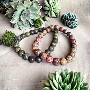 2 Jasper Bead Bracelets Frosted Leopard & Dragon Blood Jasper Protective Energy